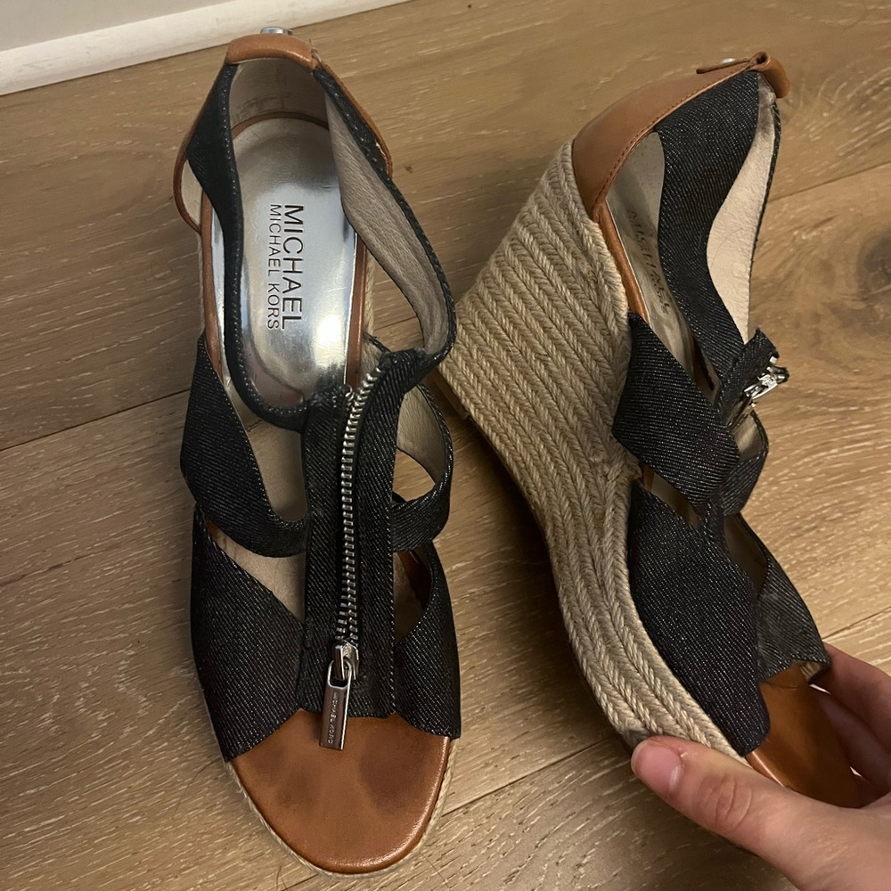 Michael Kors Black and Brown Wedge Sandals